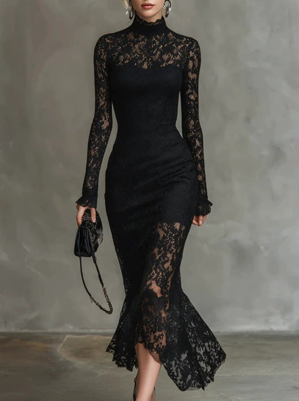 H&M Elegant Party Black Stretch Lace Mermaid Maxi Dress